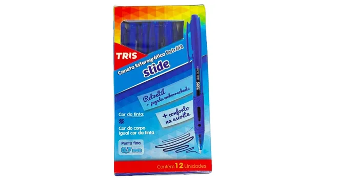 CANETA ESF TRIS SLIDE RETRATIL 0.7MM AZULCX C/12PC